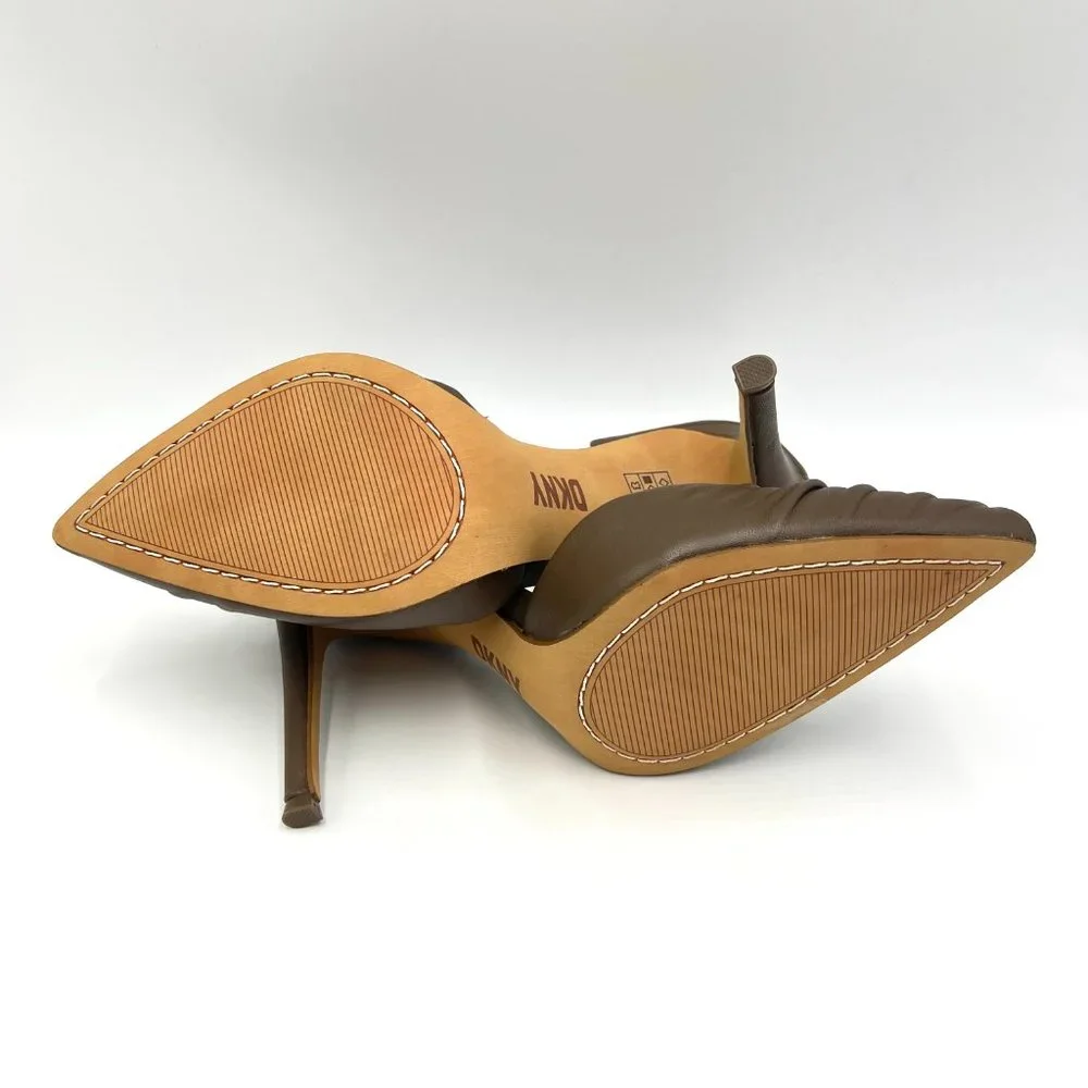 DKNY‎ Size 6 Ruched Nappa Brown Leather Stiletto Point Toe Heels Pumps Shoes